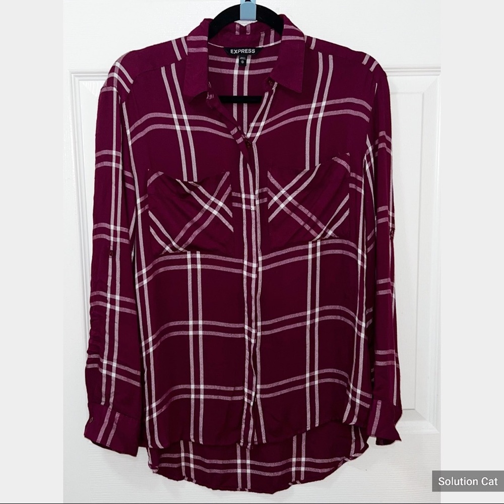 Express women’s Button Down Plaid Blouse Shirt Wine Color